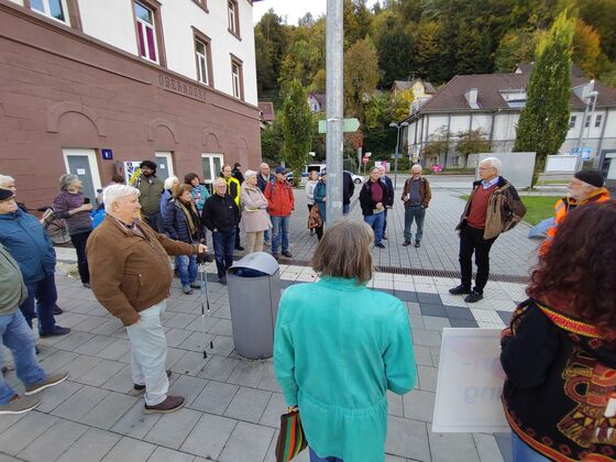 Rund 40 Akteure vom Aktionsbündnis „Pro Gäubahn“ demontrierten am Oberndorfer Bahnhof. Foto: Tanja Witkowski